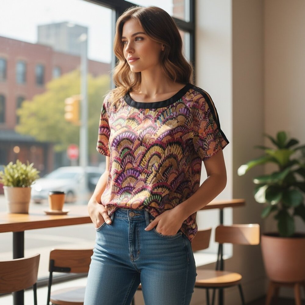 Velvet Heart Colorful Silky Slit Shoulder Short Sleeve Top Sz S #360A
